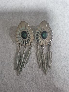 Vintage SW Silvertone Concho Earrings with Green Abalone Shell & Feather Dangles
